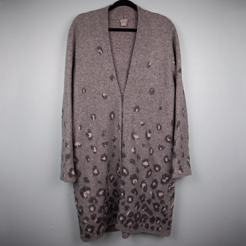 Chico's Animal-Print Embellished Jacquard gray long line cardigan-2